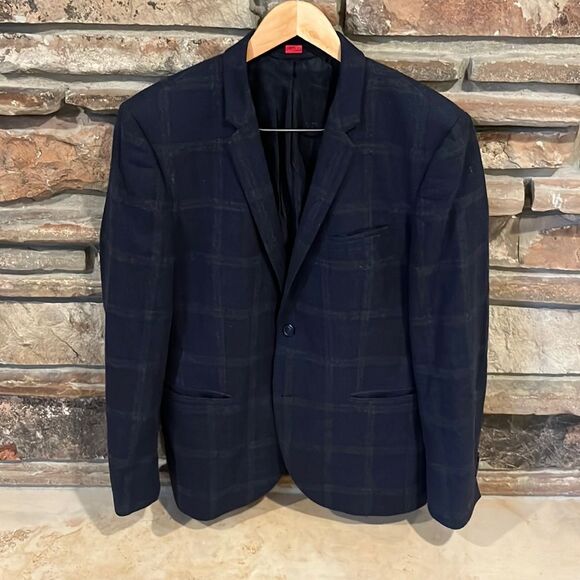 HUGO Hugo Boss Navy Plaid Wool Blend Sports Coat Two-Button Jacket